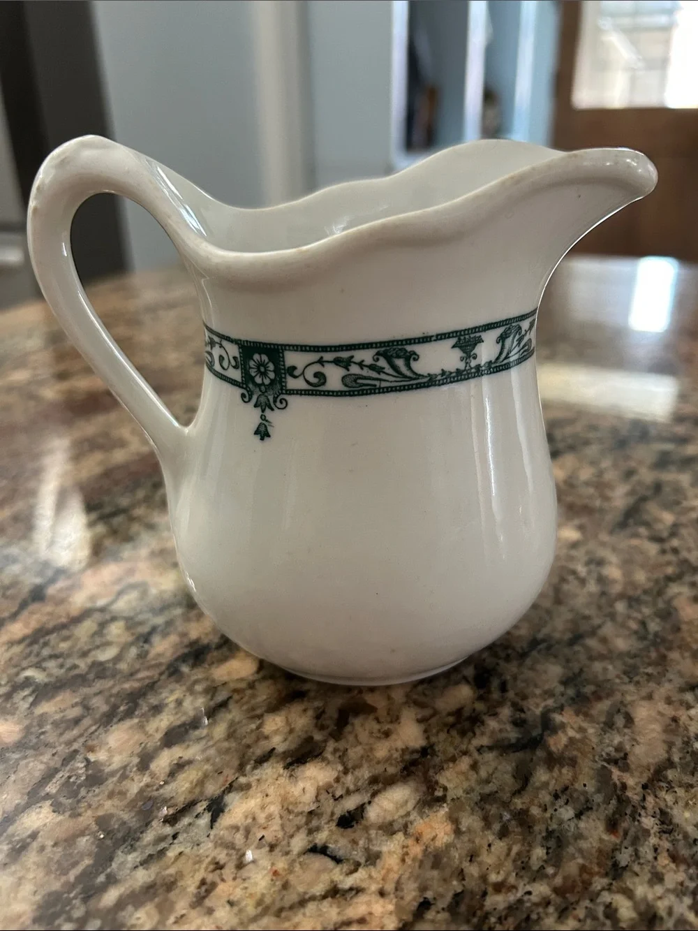 Vintage Classic White Ceramic Creamer Pitcher with Green Scroll Band